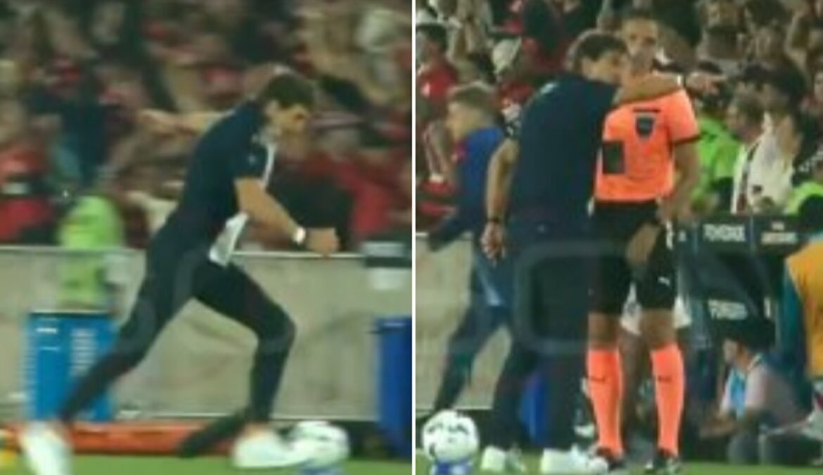 Treinador do Racing se irrita com gol e critica a torcida do Flamengo.